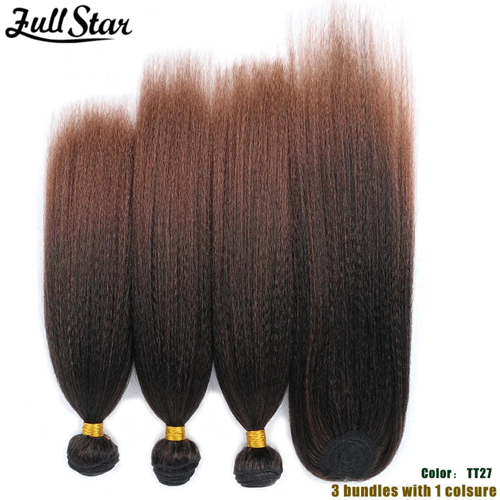 Yaki Straight Hair Bundle with Closure – Heat-Resistant Synthetic Weave Hair Extensions