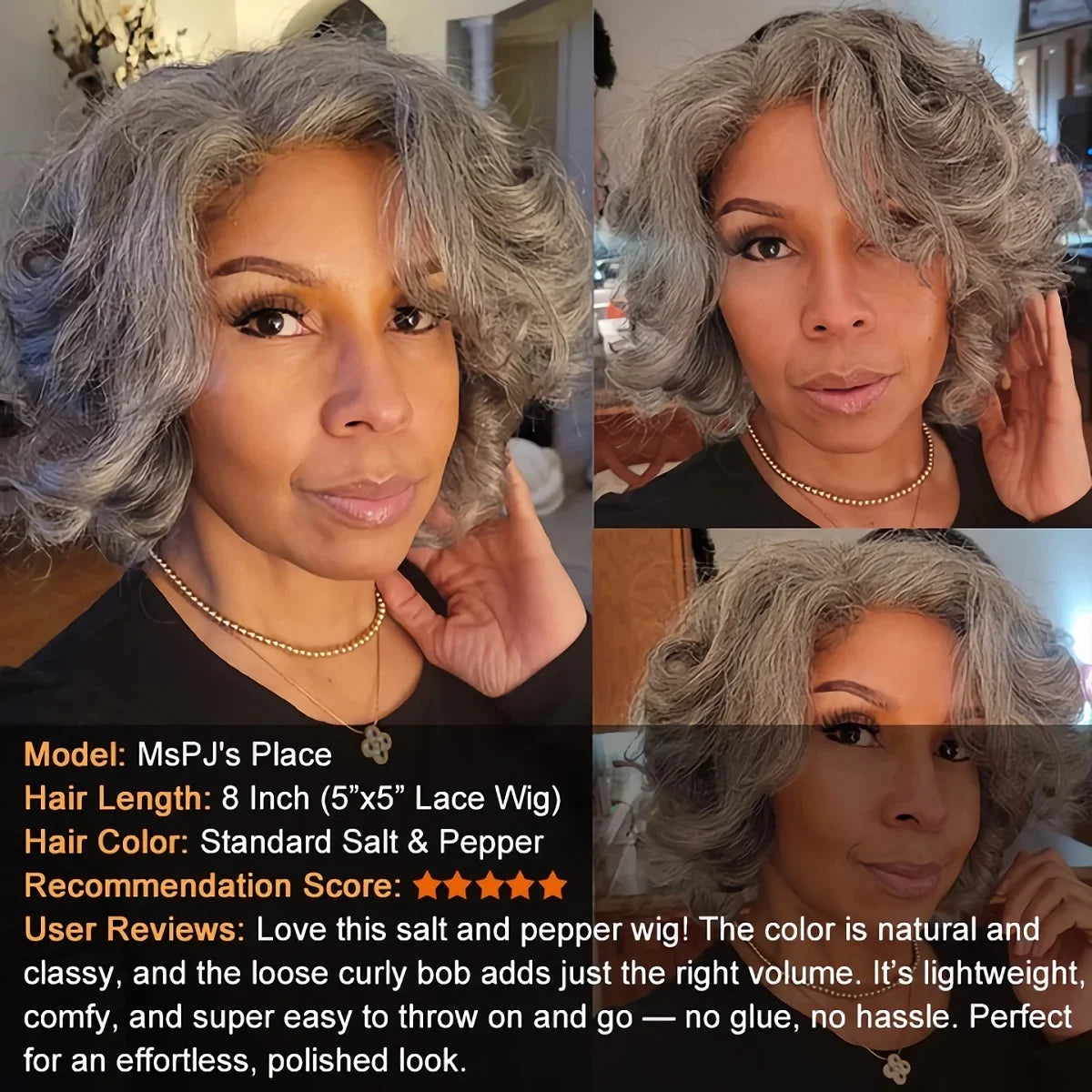 JNETTE CHANEL glueless lace front salt and pepper loose curly Brazilian human hair wig showing textured curly hair on a mannequin head