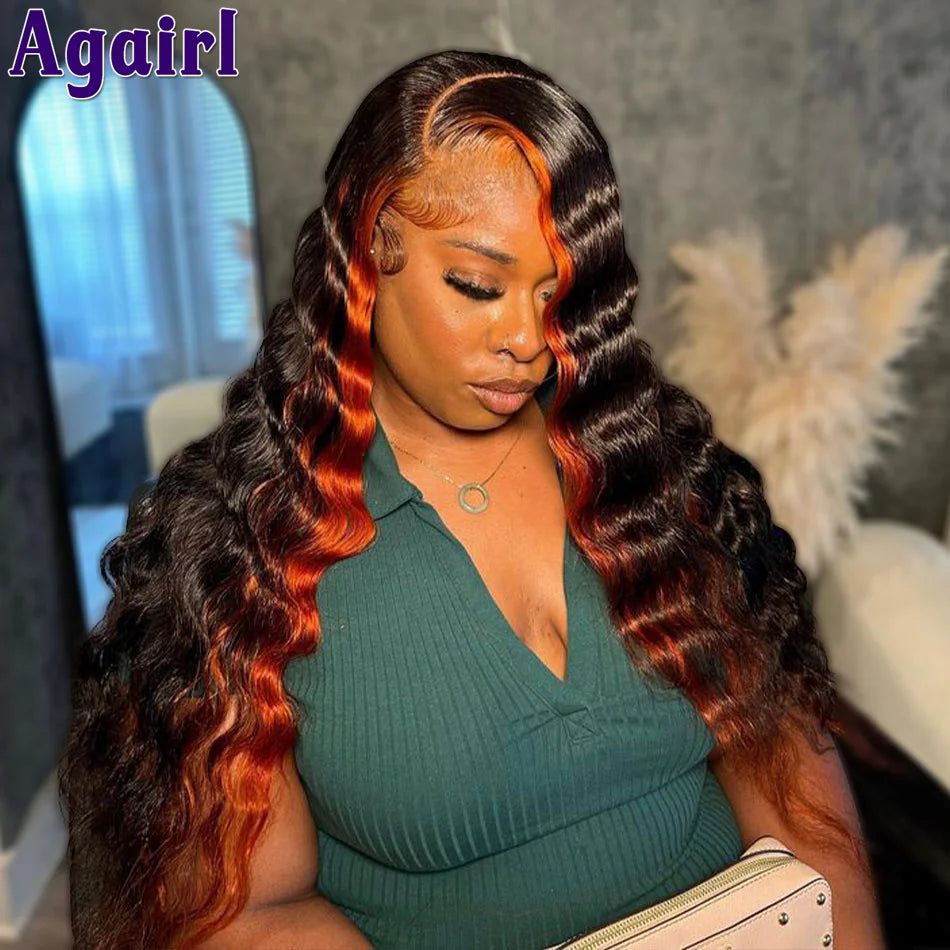Lace Front Pre-Plucked Loose Deep Wave Orange Black Highlight Human Hair Wig