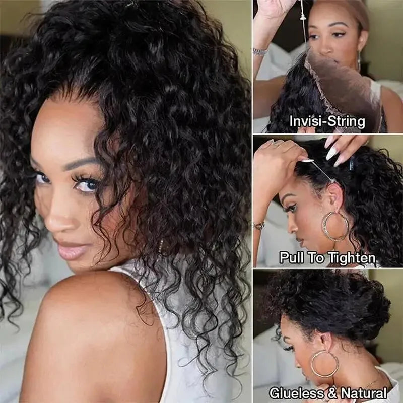JNETTE CHANEL glueless lace front deep wave human hair wig with drawstring, showcasing natural deep wave texture and HD lace.