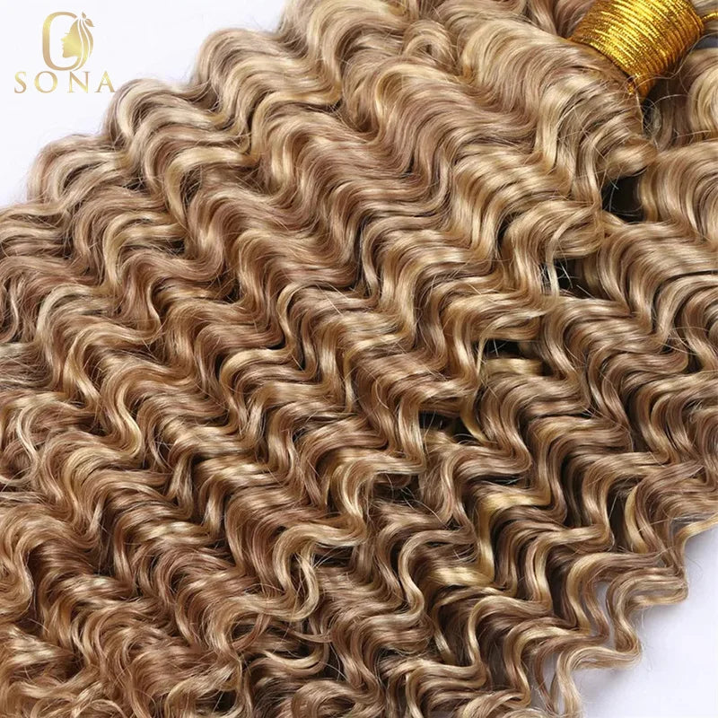 Honey Blonde Highlight Bundles Deep Curly Human Remy Hair Weave