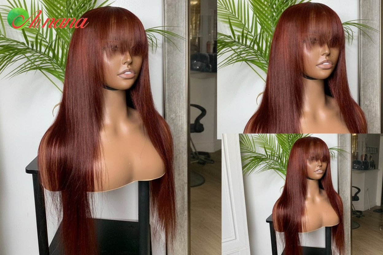 Brazilian Remy human hair lace front wig with body wave texture and bangs, styled on a mannequin head.