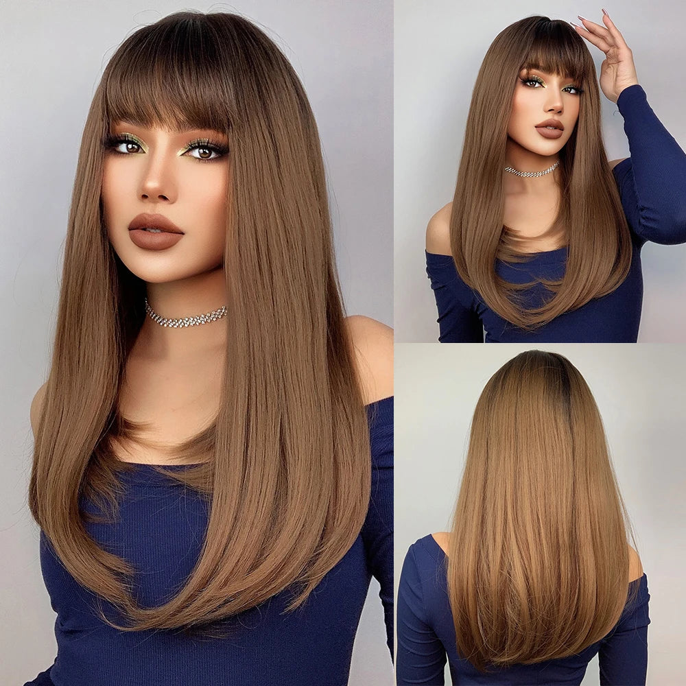 Synthetic Heat Resistant Ombré Layered Straight with Bangs Wigs