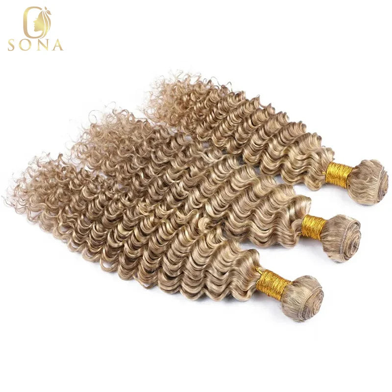 Honey Blonde Highlight Bundles Deep Curly Human Remy Hair Weave