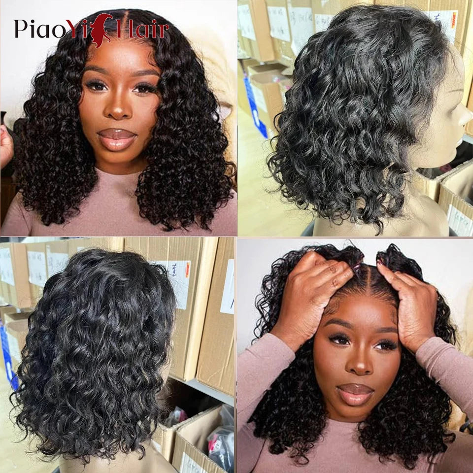 Glueless Lace Front Human Hair Water Wave Bob Wig