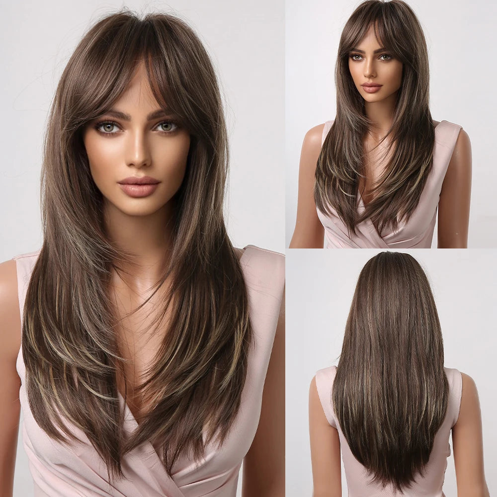 Synthetic Heat Resistant Ombré Layered Straight with Bangs Wigs