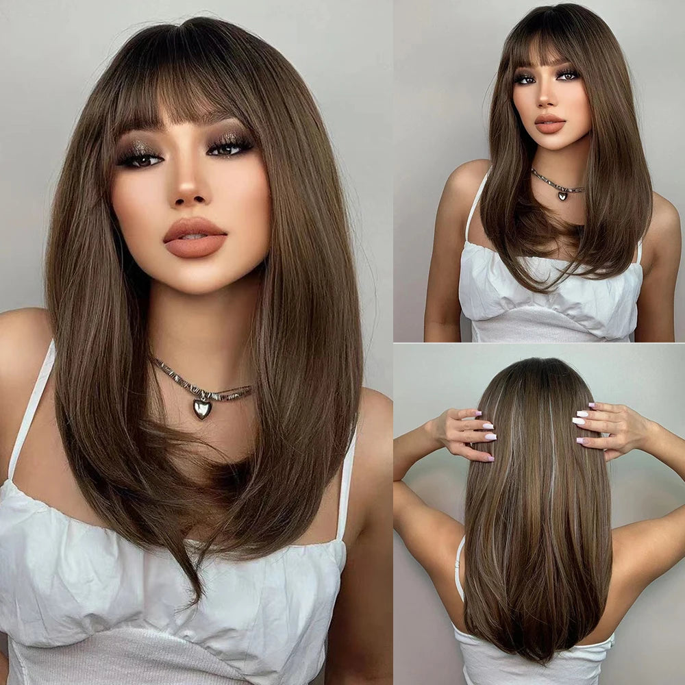 Synthetic Heat Resistant Ombré Layered Straight with Bangs Wigs