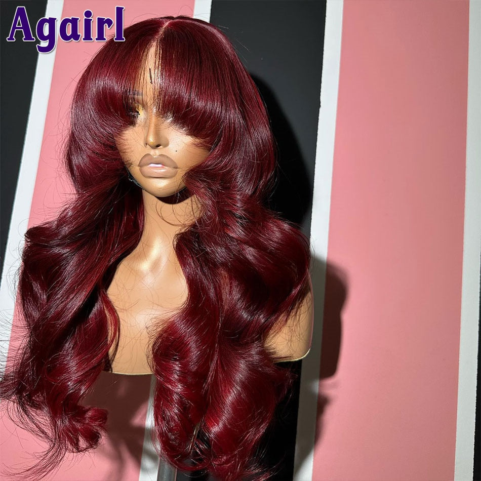 Glueless Lace Front Red Body Wave Human HairPrePlucked with Bangs Wig