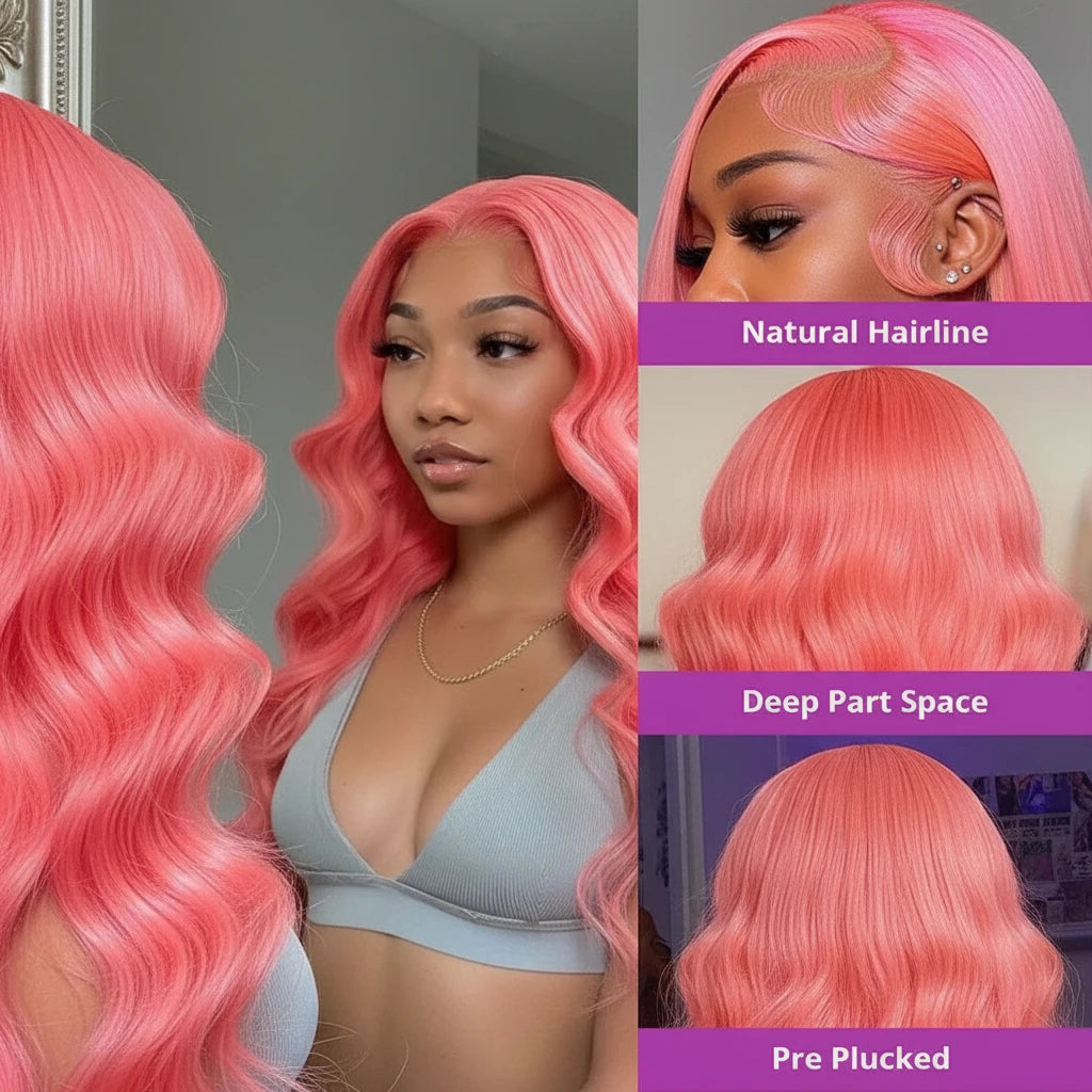 Light pink lace front body wave human hair wig by JNETTE CHANEL, showing the natural hair texture and lace cap details.