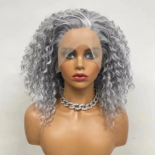 Lace Front Synthetic Deep Curly Grey Highlight Natural Hairline Wig