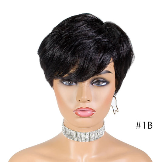 Glueless Pixie Cut Short Human Hair With Bangs Wigs