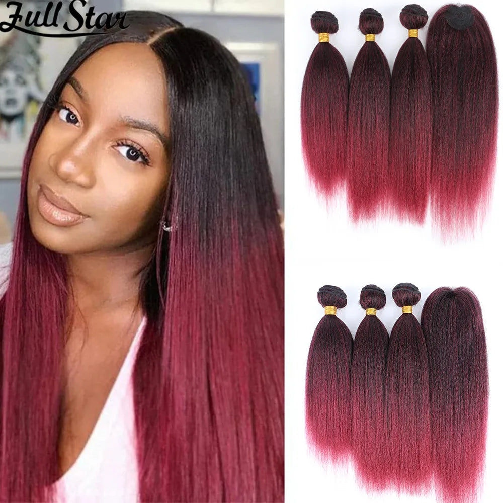 Yaki Straight Hair Bundle with Closure – Heat-Resistant Synthetic Weave Hair Extensions