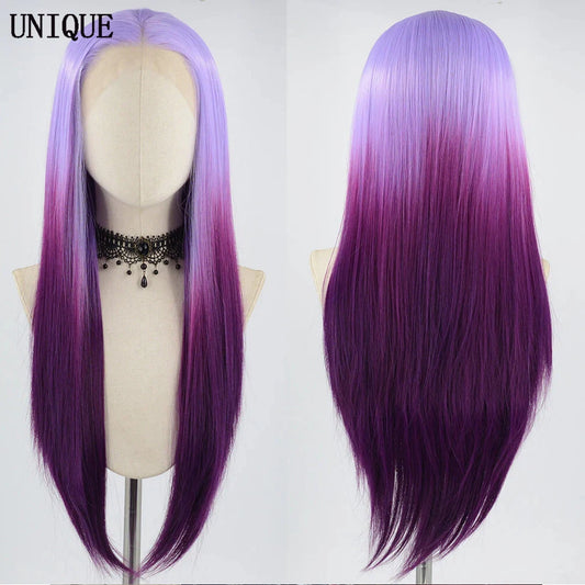 Glueless Synthetic Heat-Resistant Lace Front Straight Ombre Purple Wigs