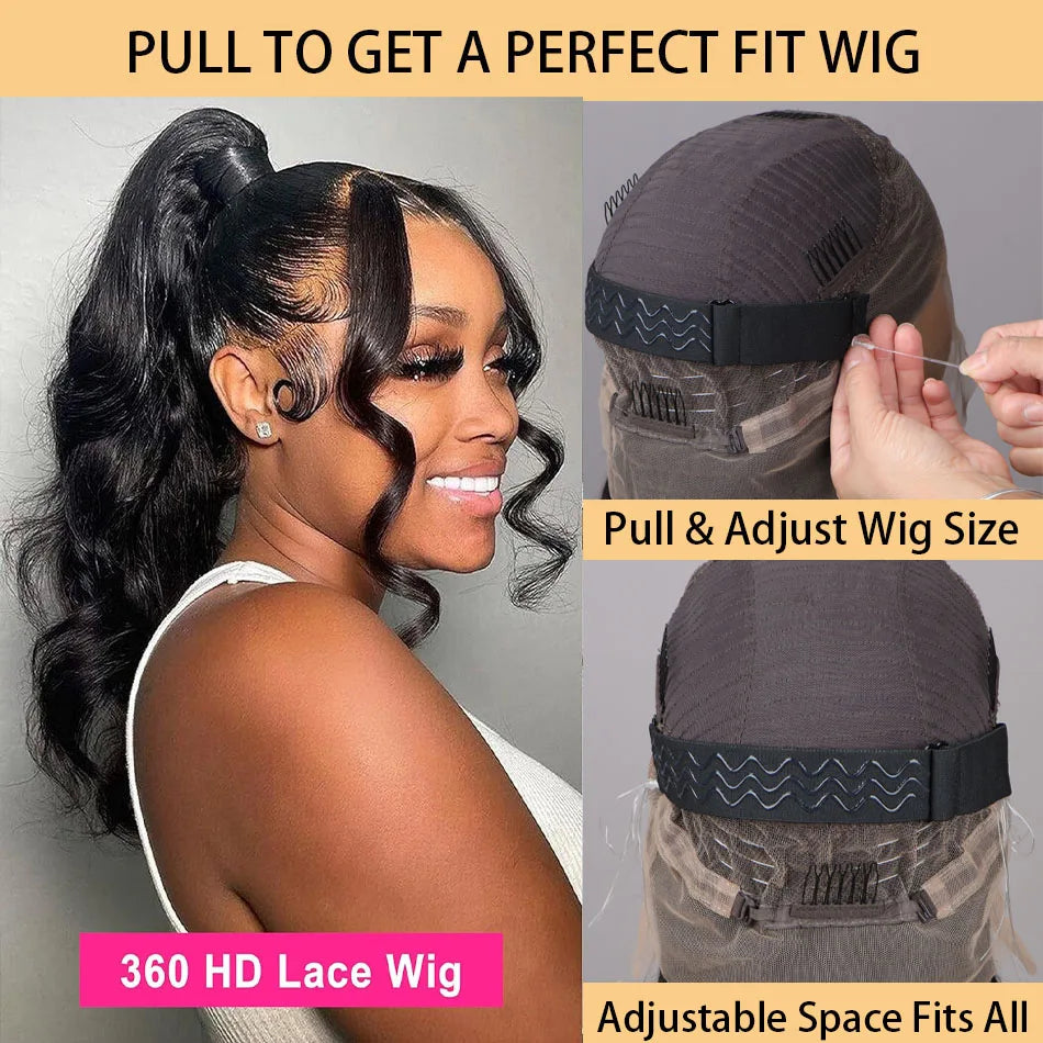 Glueless Lace Front HD Body Wave Brazilian Virgin  Human Hair Wig With Drawstring