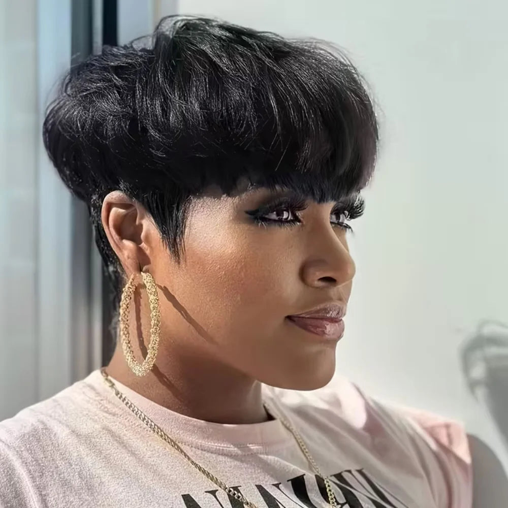 JNETTE CHANEL pixie cut human hair wig with lace front, styled in a sleek, short hairstyle for a modern, fashionable look.