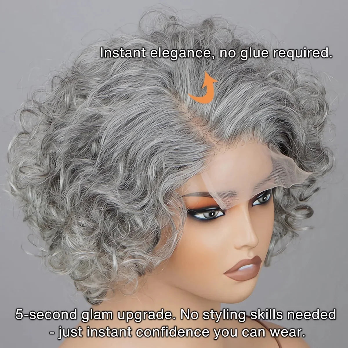 Salt and pepper curly Brazilian human hair lace front wig by JNETTE CHANEL, showcasing loose curls and natural lace hairline.