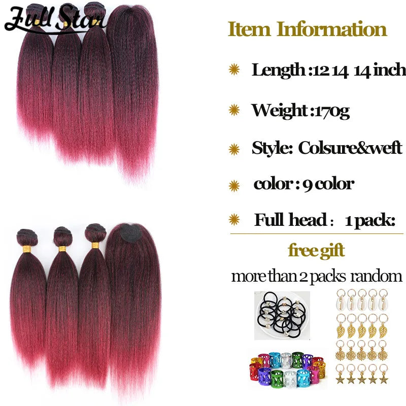 Yaki Straight Hair Bundle with Closure – Heat-Resistant Synthetic Weave Hair Extensions