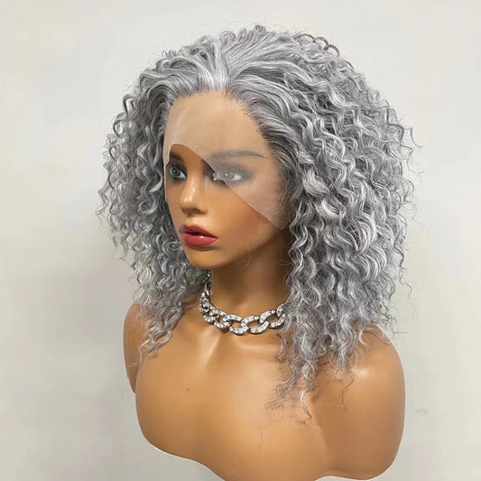 Lace Front Synthetic Deep Curly Grey Highlight Natural Hairline Wig