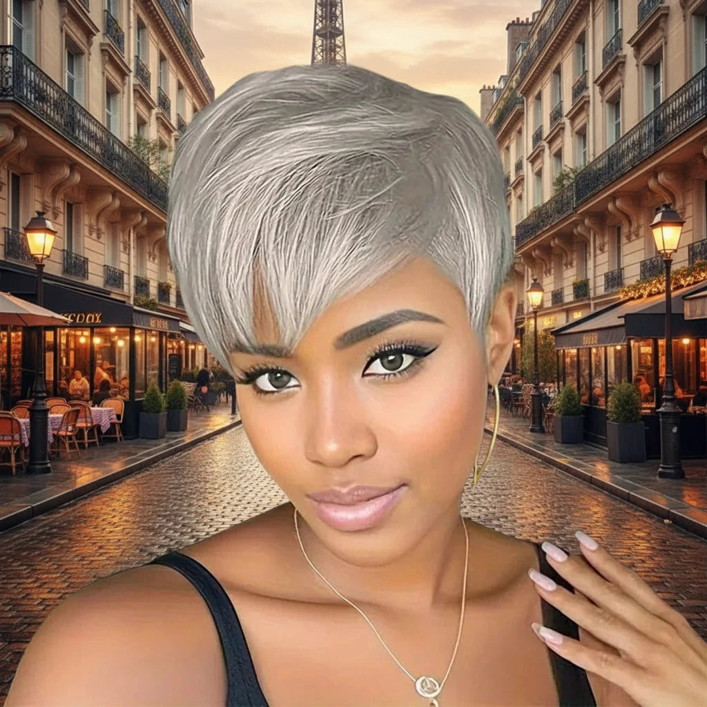 Grey pixie cut human hair wig with layered style from JNETTE CHANEL, featuring lace construction and natural texture.