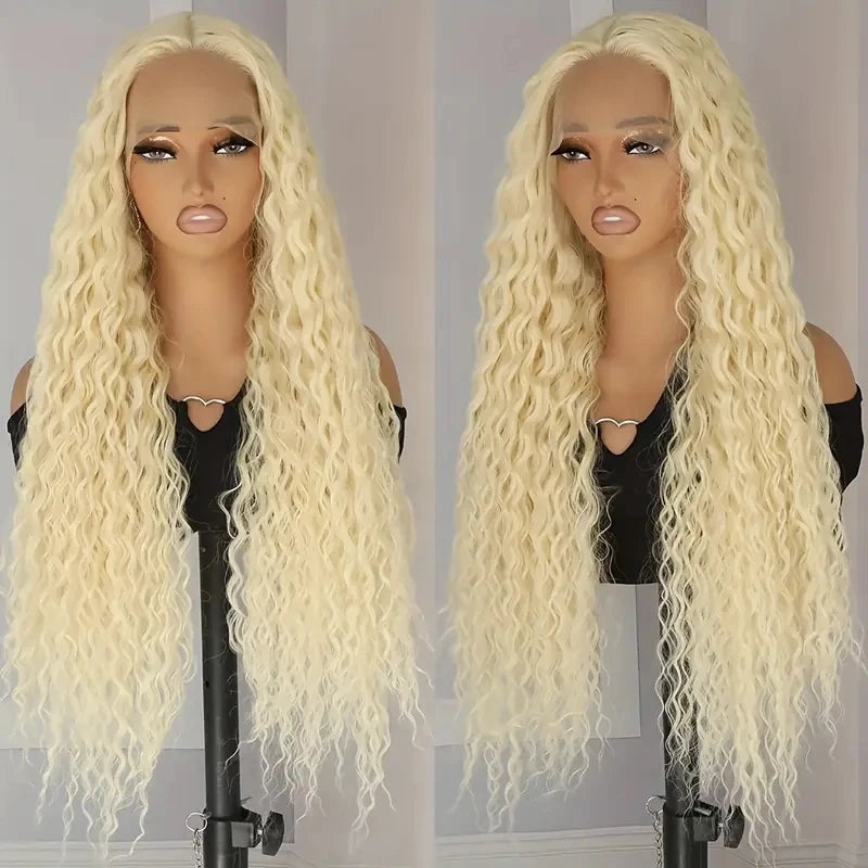 Lace front HD pre-plucked blonde human hair wig by JNETTE CHANEL with natural-looking lace and full volume.