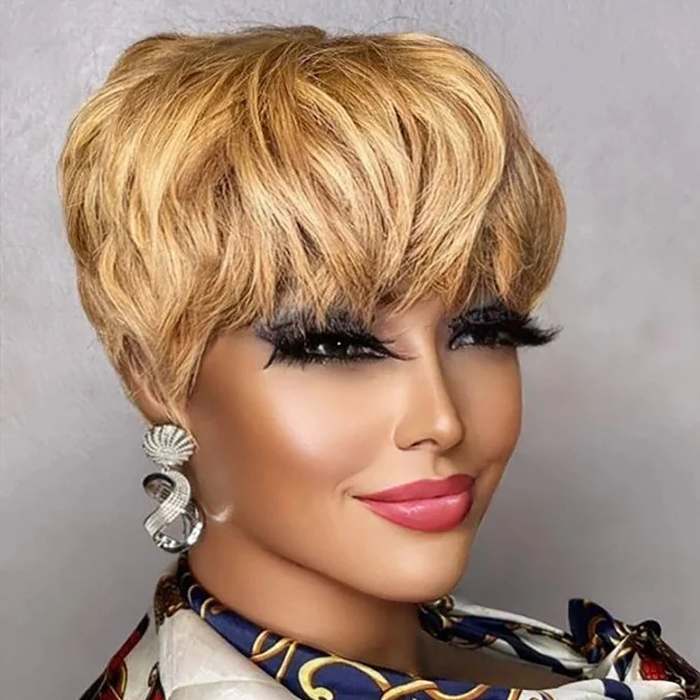 Pixie Cut Brazilian Human Hair With Bangs  Wigs