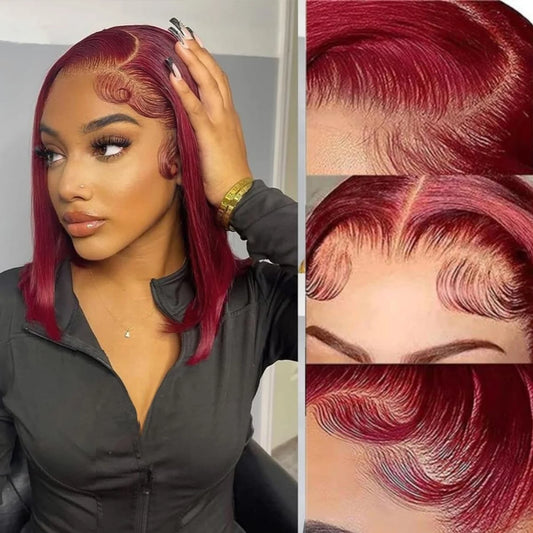 JNETTE CHANEL lace front burgundy straight bob human hair wig displayed on a mannequin head.