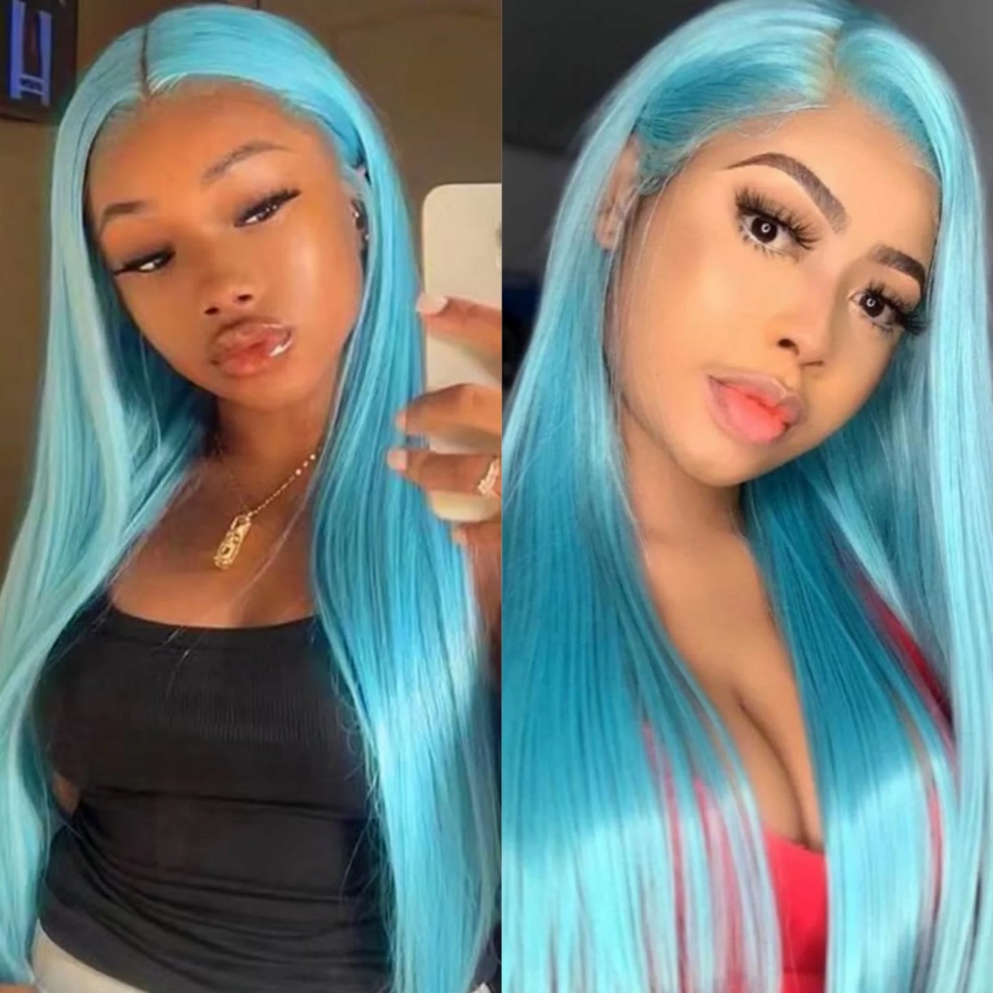 Glueless Lace Front Synthetic Blue Long Straight Wig