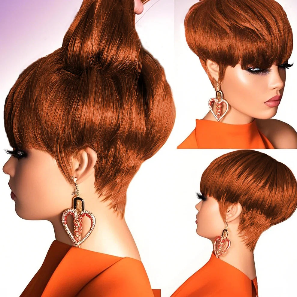 JNETTE CHANEL pixie cut human hair lace wig with bangs, showcasing a stylish short hairstyle with natural texture and realistic appearance.
