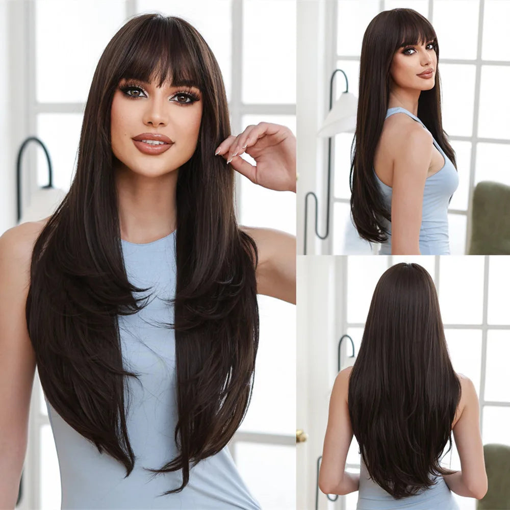 Synthetic Heat Resistant Ombré Layered Straight with Bangs Wigs