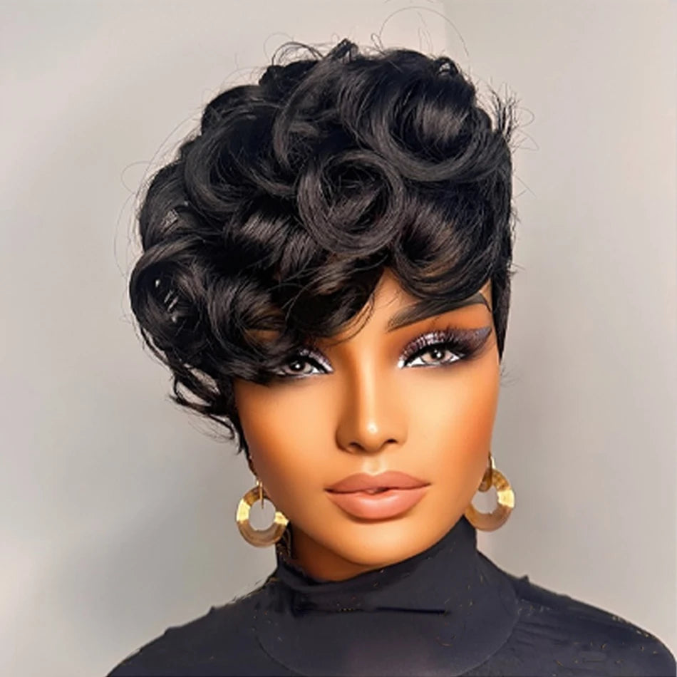 Brazilian Remy Human Hair Pixie Cut Wig – Layered Loose Curls with Bangs