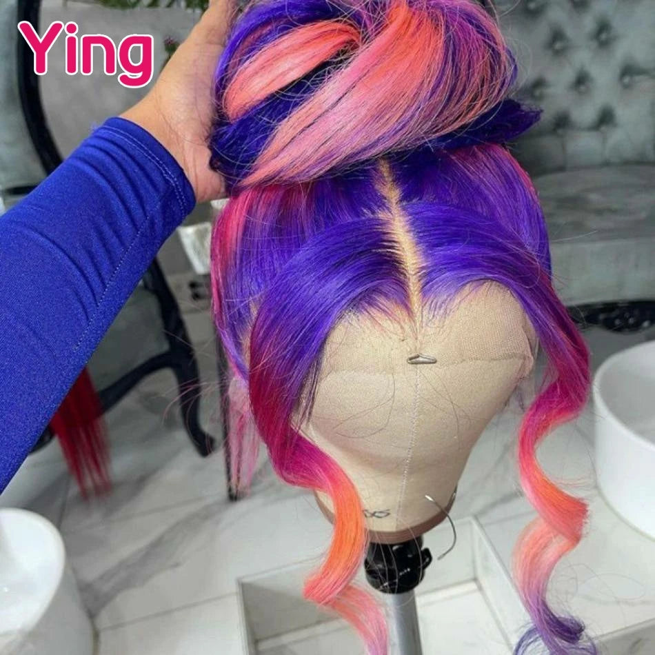 Lace Front Purple Pink with Orange Body Wave Human Hair PrePlucked With Baby Hair Wigs