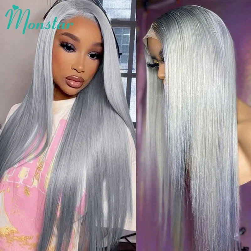 Lace Front Grey Short Bob Brazilian Human Remy Hair Transparent  Wig