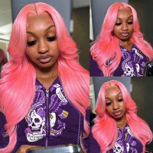 Pink lace front wig with body wave Brazilian human hair, styled for a natural look, by JNETTE CHANEL.