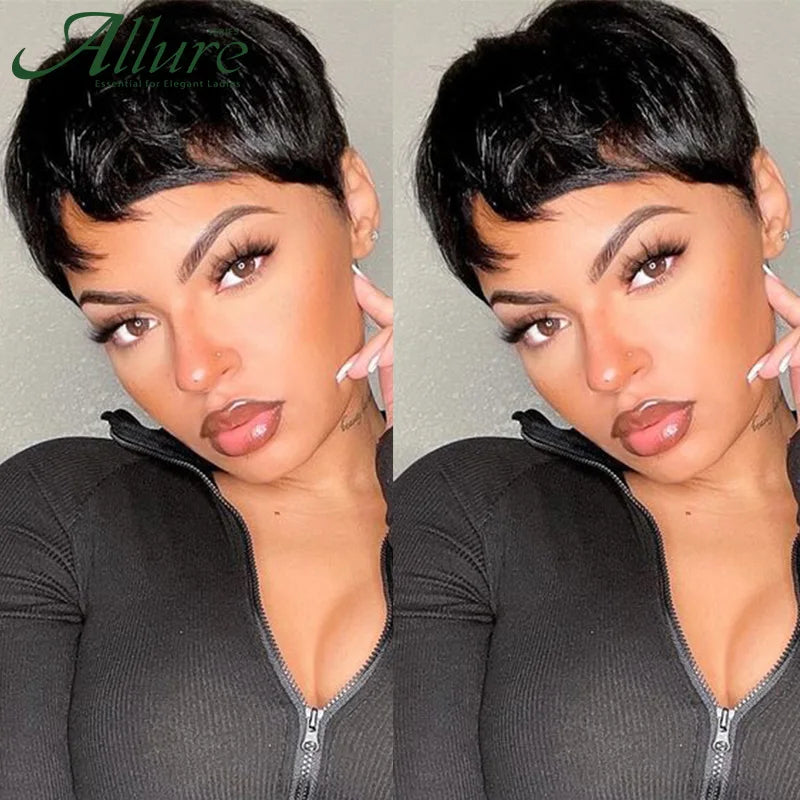 Glueless Pixie Cut Short Human Hair Straight Hair With Bangs Wigs