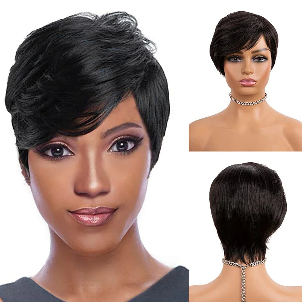 Glueless Pixie Cut Short Human Hair With Bangs Wigs