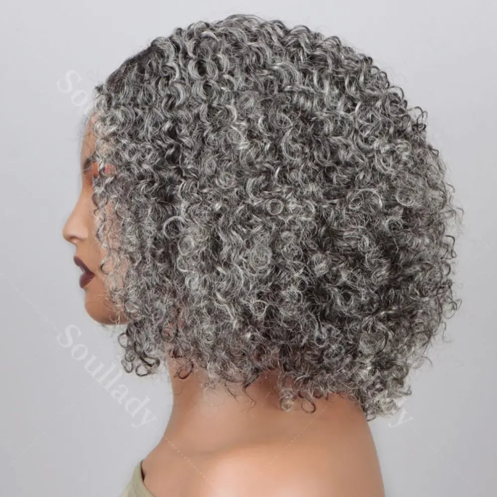 Glueless Silver Gray Kinky Curly V-Part  Human Hair Wigs