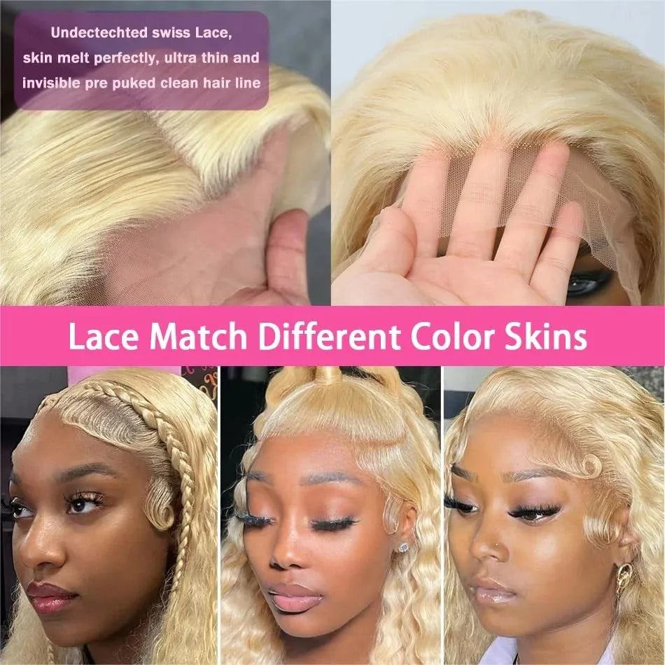 Blonde lace front HD pre-plucked human hair wig by JNETTE CHANEL, showcasing realistic lace front and natural hair texture.