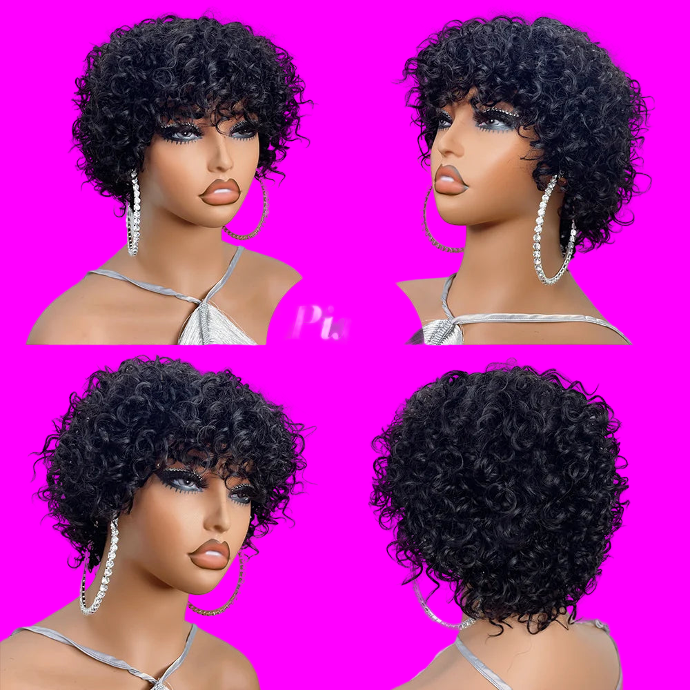 JNETTE CHANEL pixie cut glueless human hair wig with bangs, styled in a short, layered look with natural hair texture.