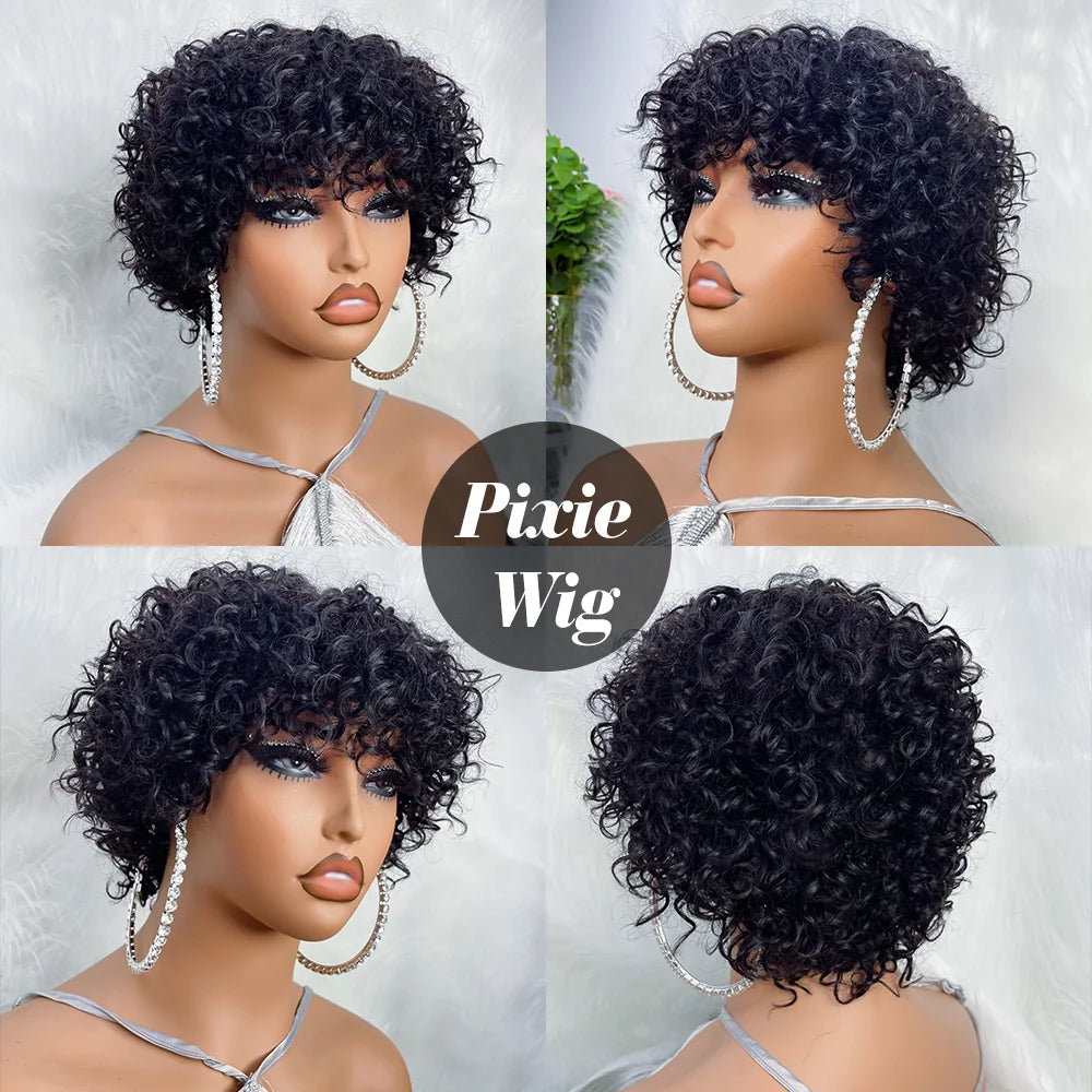JNETTE CHANEL Pixie Cut glueless human hair wig with bangs, featuring a short, stylish hairstyle and natural hair texture.