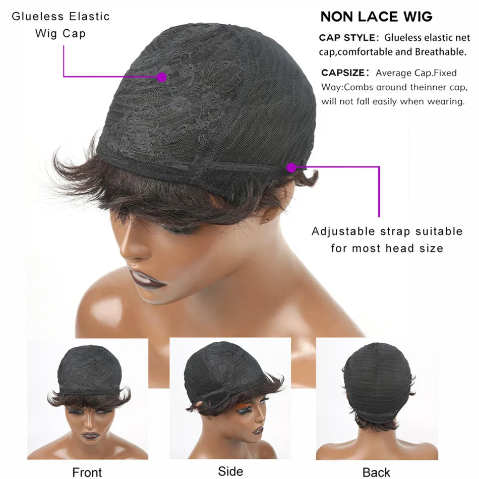 JNETTE CHANEL pixie cut Brazilian human hair lace wig with bangs, showcasing sleek, natural-looking short hairstyle.