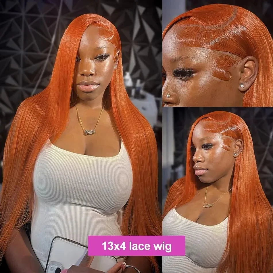 Lace Front HD Brazilian Human Hair Ginger Orange  Straight Wigs