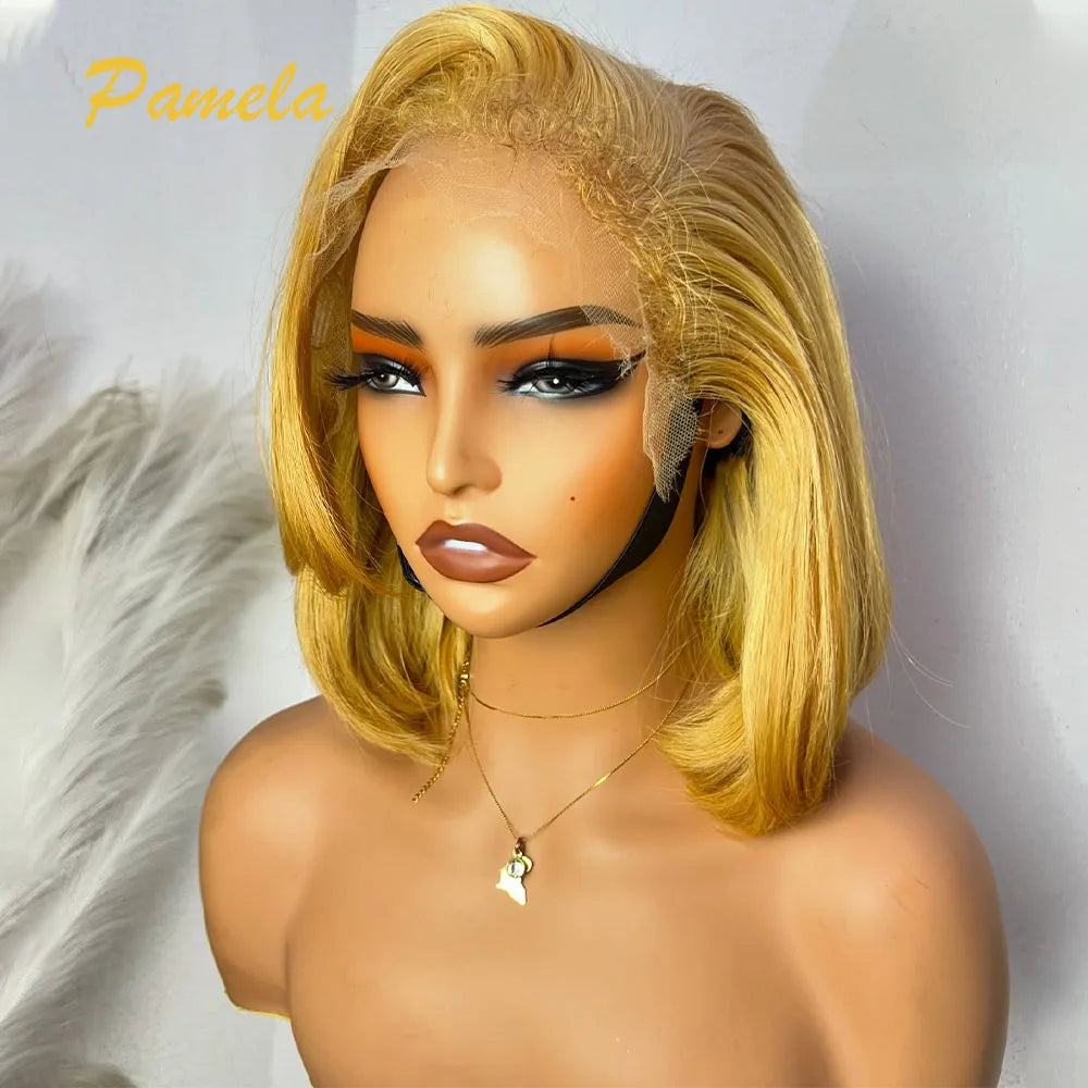 Glueless Lace Front Transparent Yellow Short Bob  Human Hair Wigs