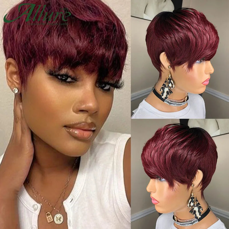 Glueless Pixie Cut Short Human Hair Straight Hair With Bangs Wigs