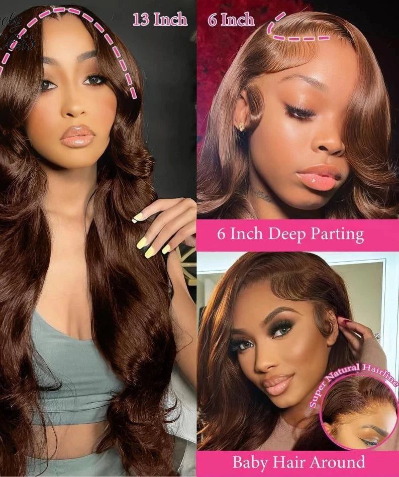 JNETTE CHANEL lace front HD chocolate brown body wave human hair wig with transparent lace for a natural look