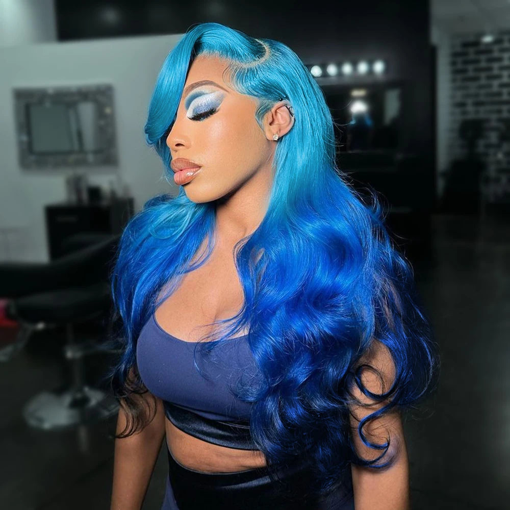 Lace Front Blue Straight Human Hair Wigs