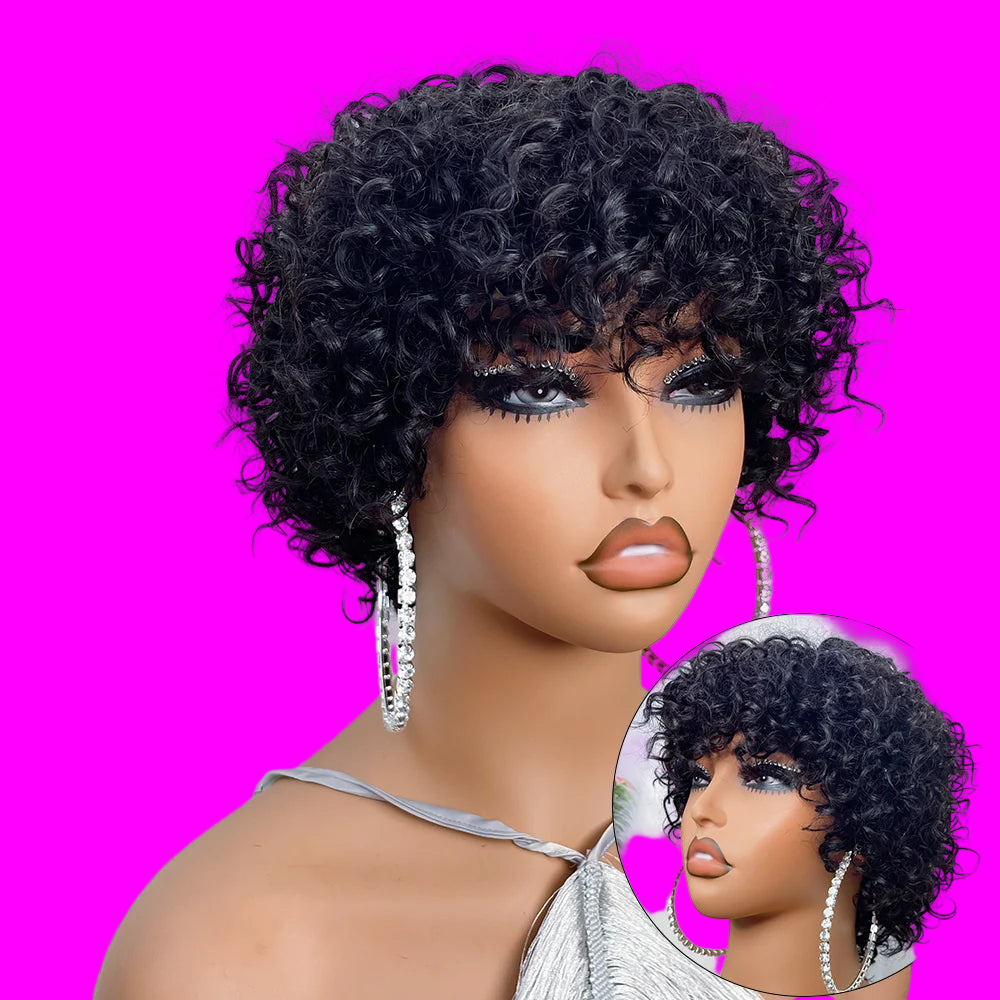 JNETTE CHANEL pixie cut glueless human hair wig with bangs, showcasing short hairstyle and natural hair texture