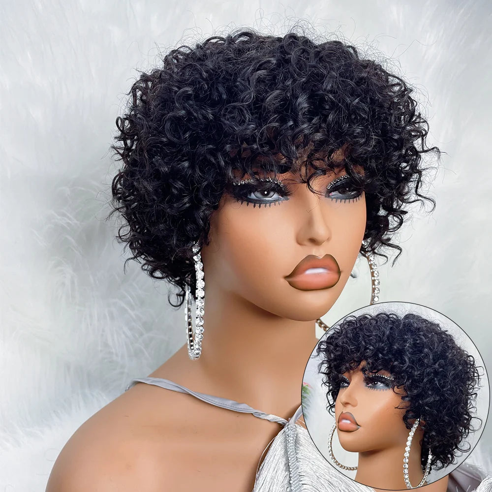 Pixie cut glueless human hair wig with bangs by JNETTE CHANEL, showcasing a short, stylish hairstyle with natural-looking hair and bangs.