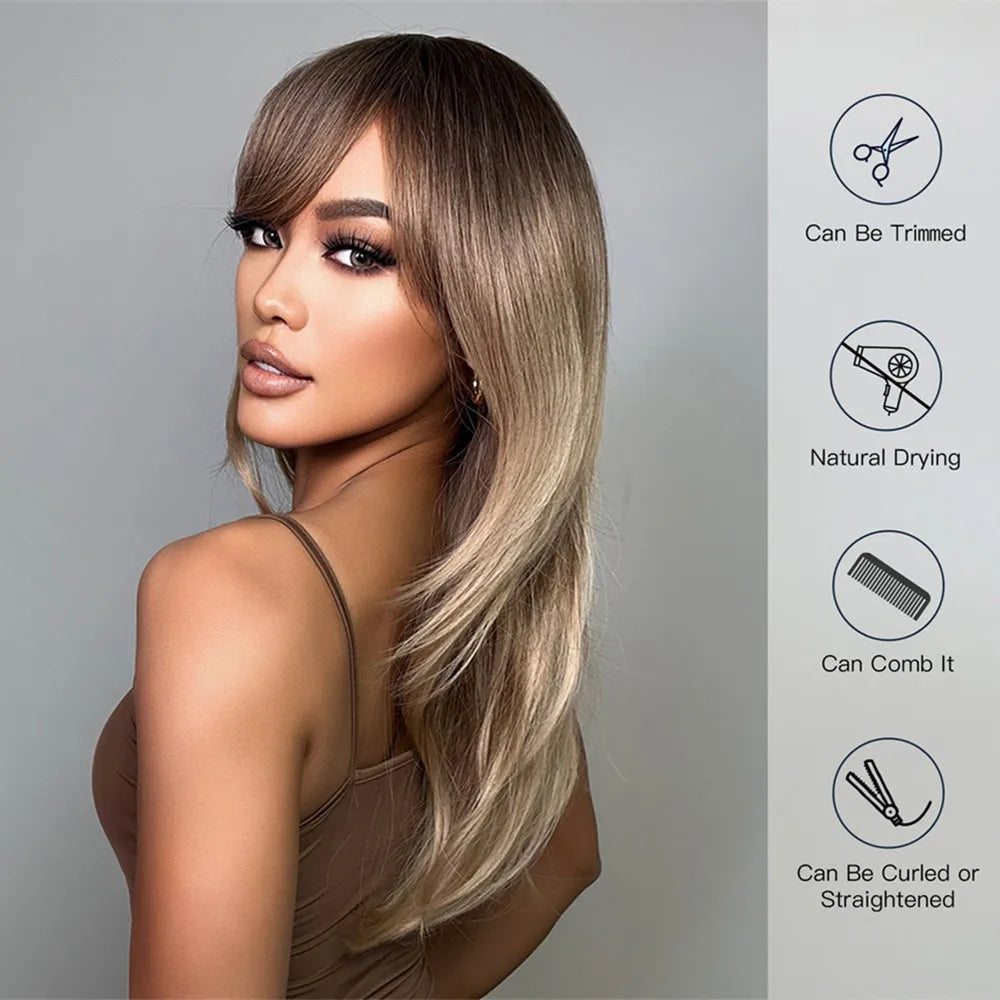 Synthetic Heat Resistant Ombré Layered Straight with Bangs Wigs