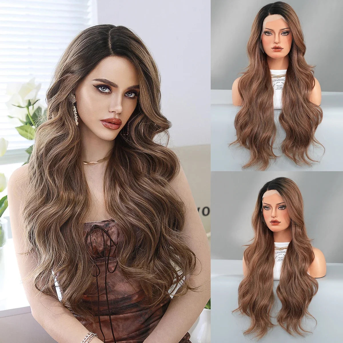 Synthetic Heat Resistant Lace Front HD Transparent Ombre  Body Wavy  with Bangs Wigs