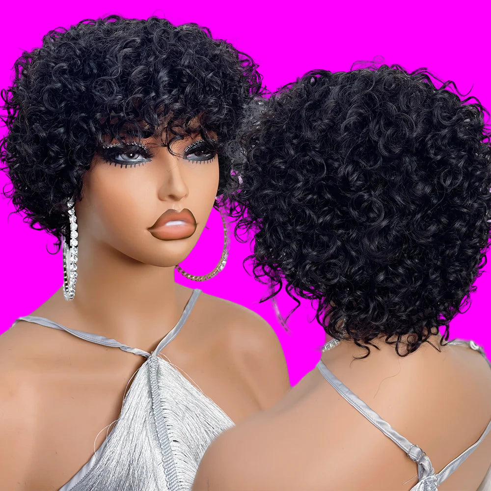 JNETTE CHANEL pixie cut glueless human hair wig with bangs, showcasing a stylish short hairstyle with natural-looking texture.